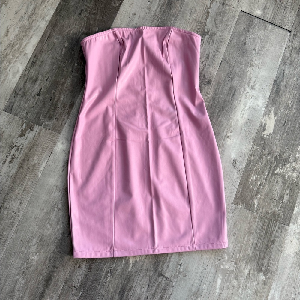 Pink faux leather Strapless Dress
